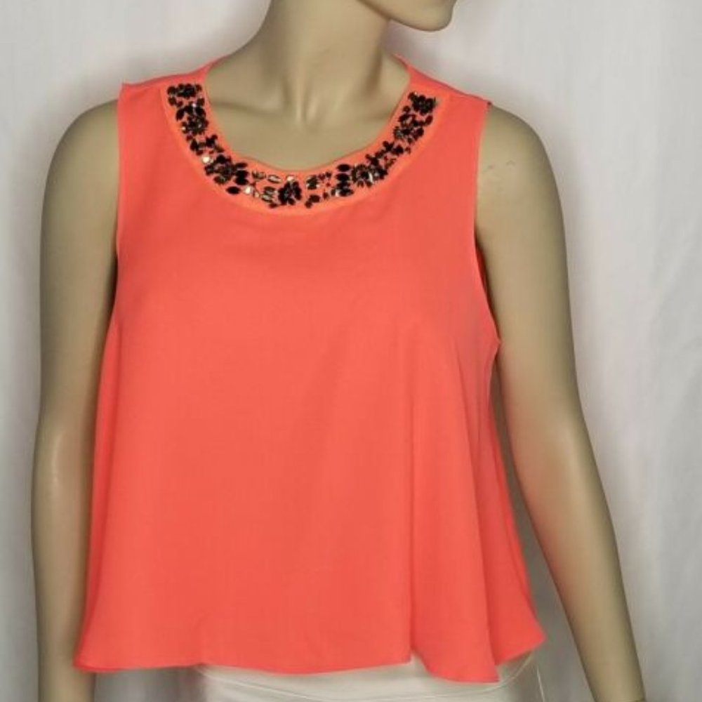 Topshop Neon Orange Sleeveless Multicolor Beaded Neckline Cropped Top Size 10